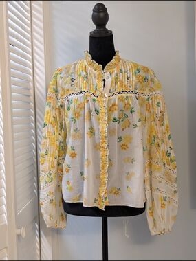 NWT Farm Rio Azalba Off-White Yellow Floral Lace Ruffle Blouse Small
